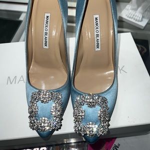 Manolo blahnik Light Blue Satin Jewel Buckle Pumps!